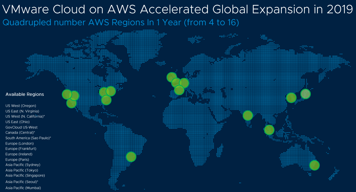VMware Cloud on AWS availability regions as of August 2019