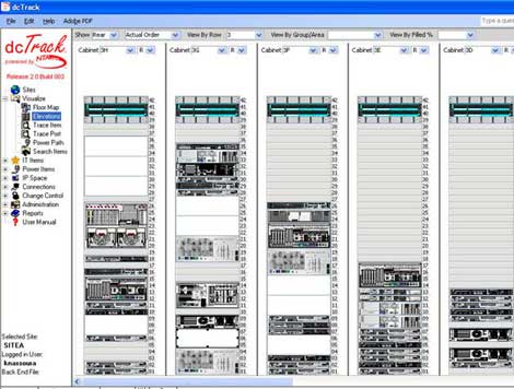 A visualization of multiple cabinets in a single screen from dcTrack, which was acquired today by Raritan.
