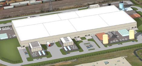 A rendering of the Ascent Corp. CH2 data center, showing different types of power and cooling infrastructure in series of dedicated customer equipment yards ringing the exterior of the facility.