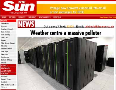 An example of the front-page news being generated by the energy use of a supercomputer at the UK Meteorological Office. 