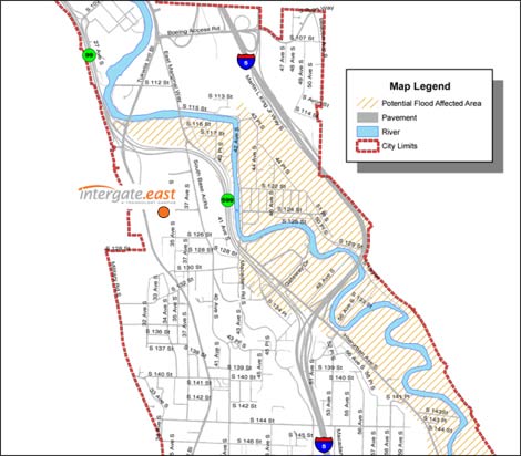 This map from the City of Tukwila, Wash. shows the location of the Sabey Intergate.East data center complex in relation to areas facing potential flooding this fall (diagonal lines).
