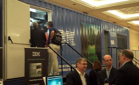 Attendees at the Gartner Data Center Conference tour the IBM Portable Modular Data center (PMDC) on display on the expo floor Tuesday at Caesar's Palace in Las Vegas.