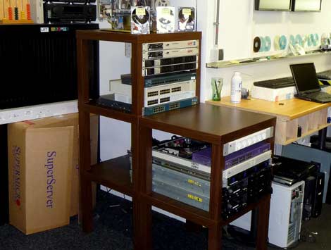 An implementation of the LACKRack, which adapts an IKEA side table for use as a stylish home data center.