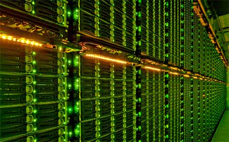 Racks of servers housed inside the Microsoft data center