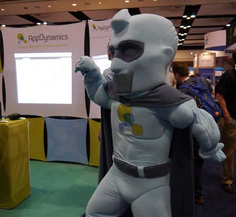 A mighty mascot at the App  Dynamics booth worked to draw attention. (Photo: Colleen Miller)