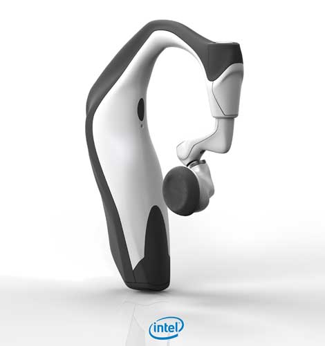 The Intel Smart Headshet design was showcased, which features a fully integrated compute system housed in a Bluetooth earpiece with a battery, speaker and microphones on board.