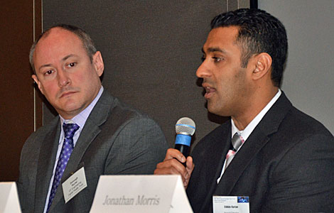 Sibbie Kurian, design engineer, ConEd, said the utility has $1 billion in storm hardening measures approved, which will help NYC data centers avoid Hurricane-Sandy type incidents. To the left is Donal Roche, Digital Realty Trust. (Photo by Colleen Miller.)