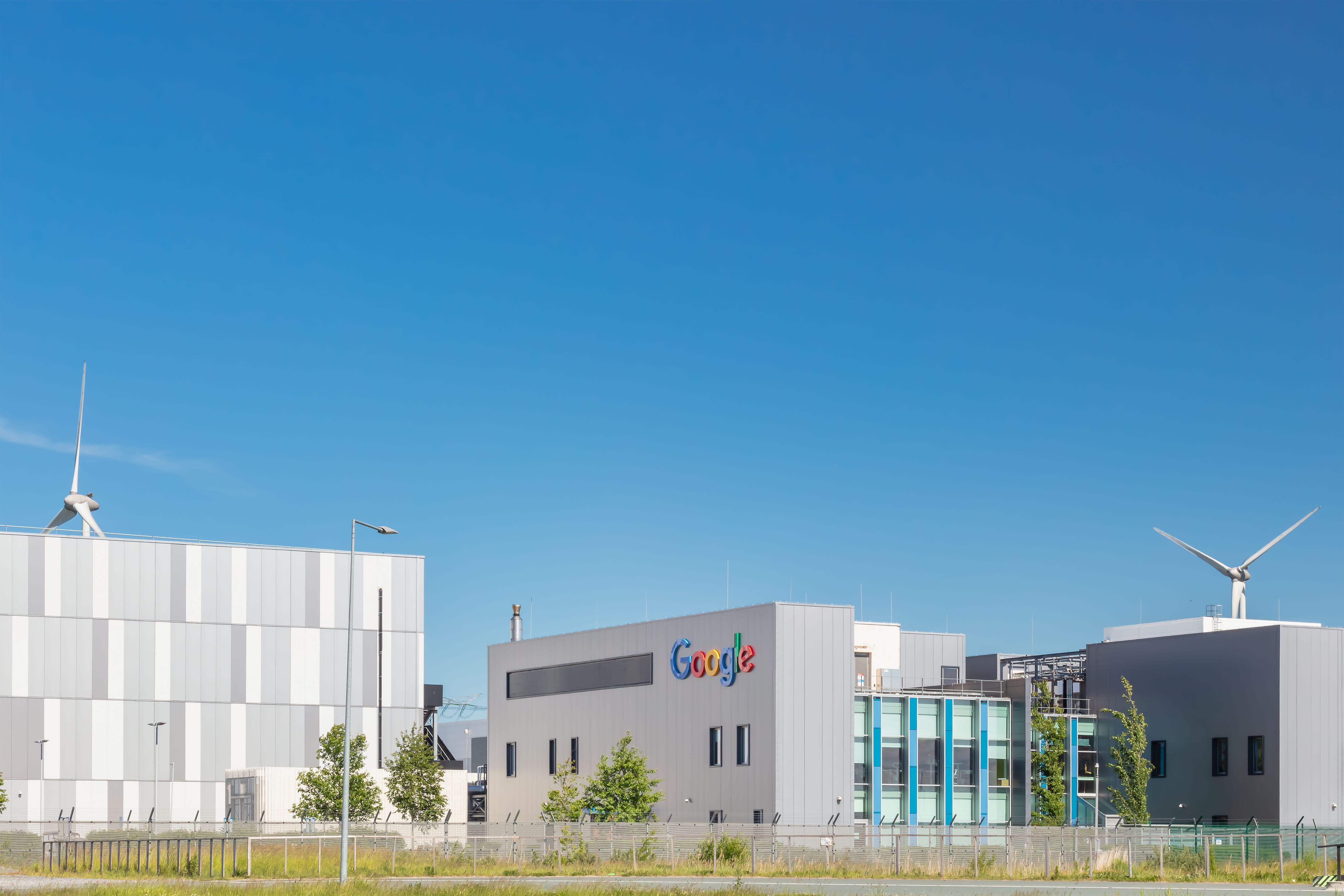  Entrance view of a Google data center in Eemshaven, The Netherlands. <br>