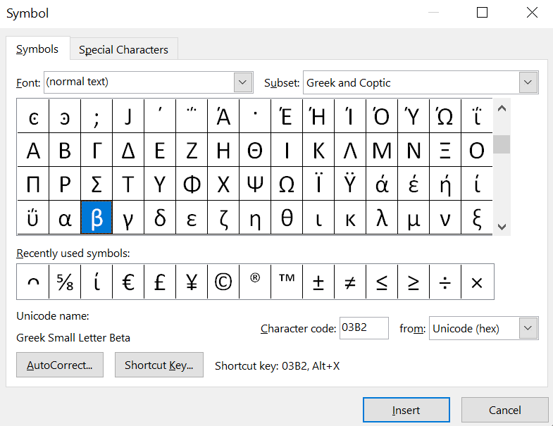 You can also insert the beta symbol into a Microsoft Word document using the Advanced Symbols library.