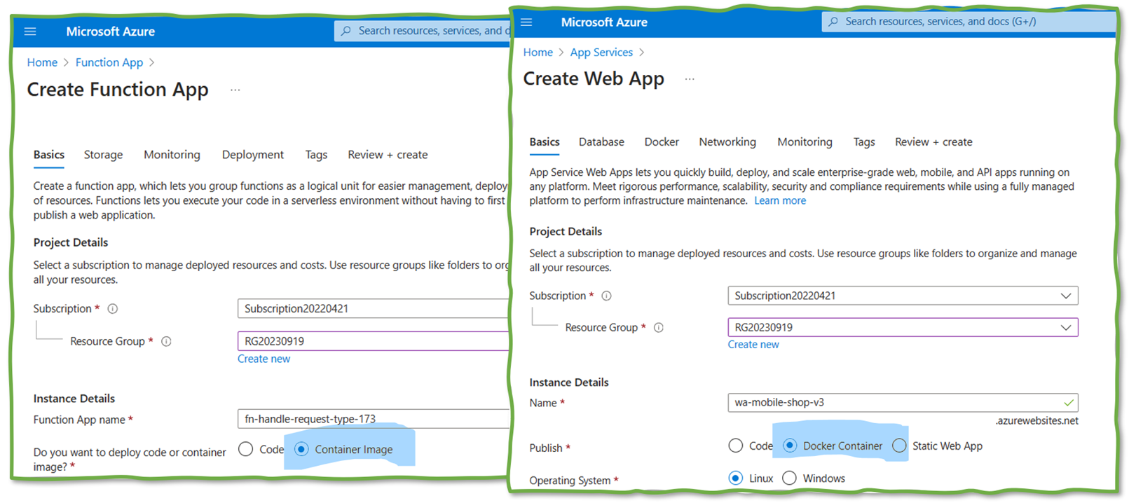 Figure 2: Deploying containers as a function or web app in Azure