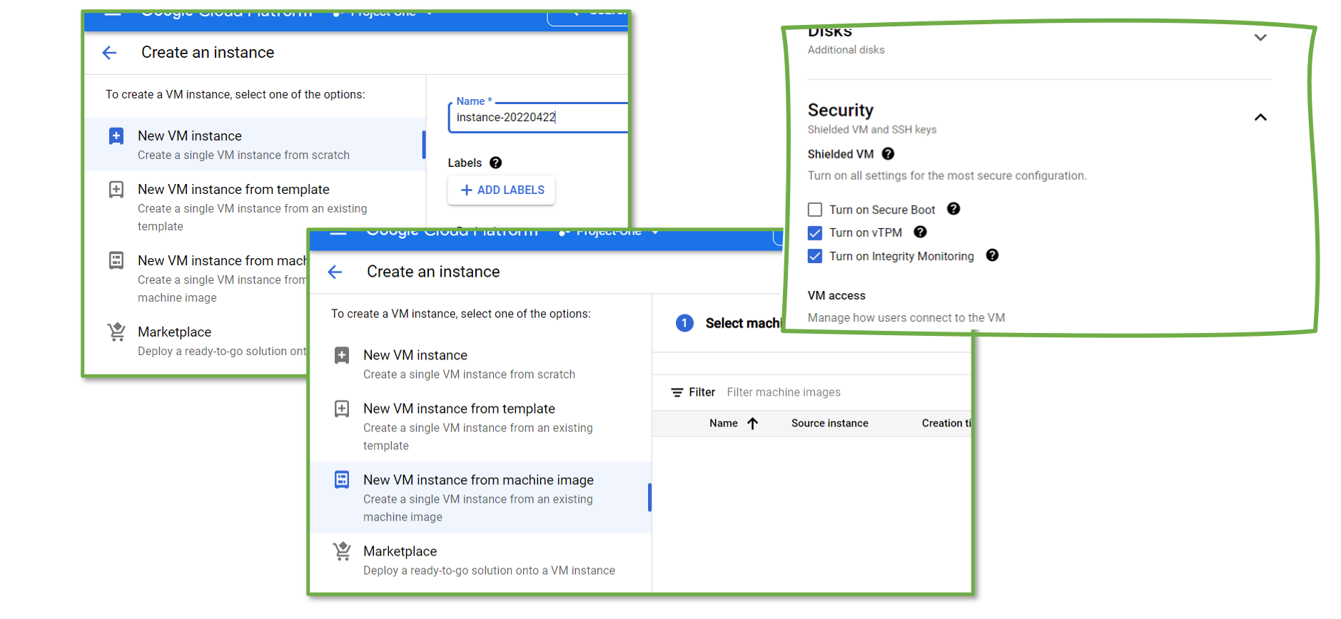 Creating plain vanilla or image-based VMs in GCP (left, middle) respectively shielded VM settings (right).