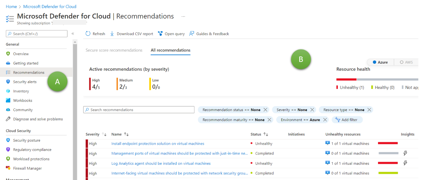Microsoft Defender for the Cloud. Menu for selecting, e.g., recommendations to improve the security or dedicated alarms (A) and pane with scan results and recommendations (B).