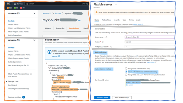 شکل 3 پیکربندی دسترسی برای AWS S3 (سمت چپ) و سرور پایگاه داده Azure (راست)