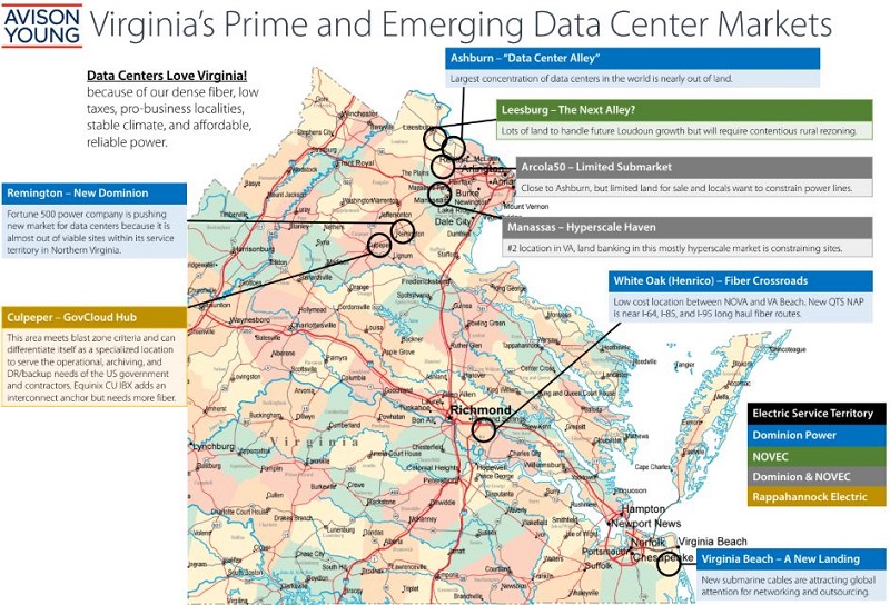 Map of prime and emerging data center markets in Virginia