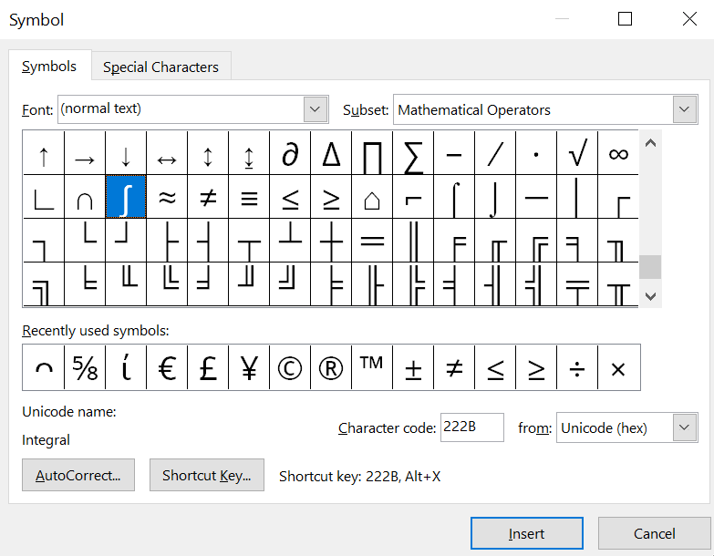 You can also insert the integral symbol into a Microsoft Word document using the Advanced Symbols library.