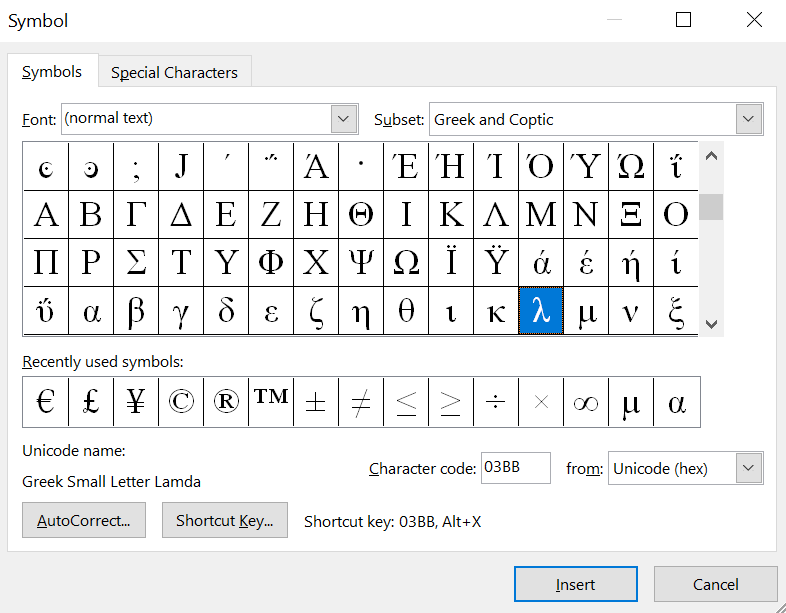 You can find the lamda symbol in the Advanced Symbols library in Microsoft Word.