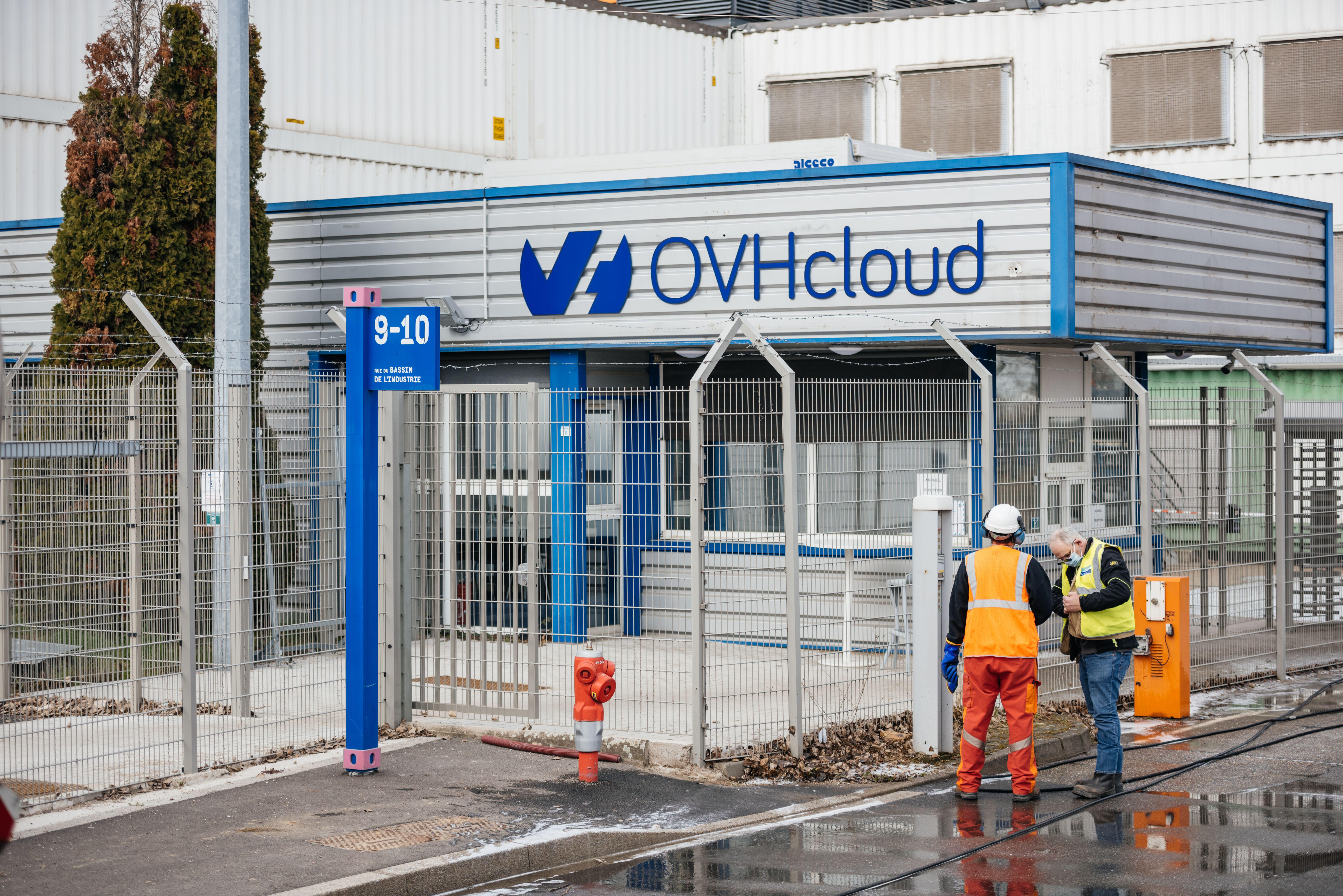 Firefighters near large data center OVH Cloud in Strasbourg, France.