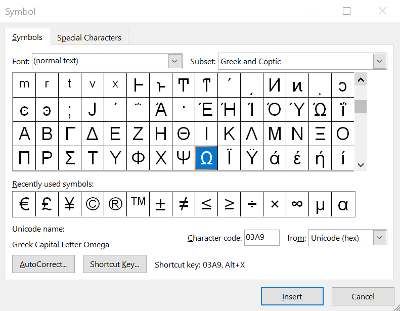 You can find the omega symbol in the Advanced Symbols library in Microsoft Word.