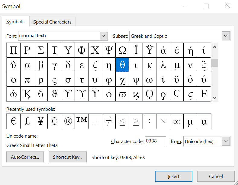 You can find the theta symbol in the Advanced Symbols library in Microsoft Word.