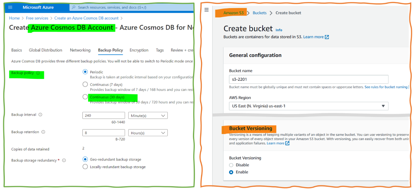 Figure 3 Advanced cloud backup feature examples – Azure Cosmos DB (left) and AWS S3 (right)