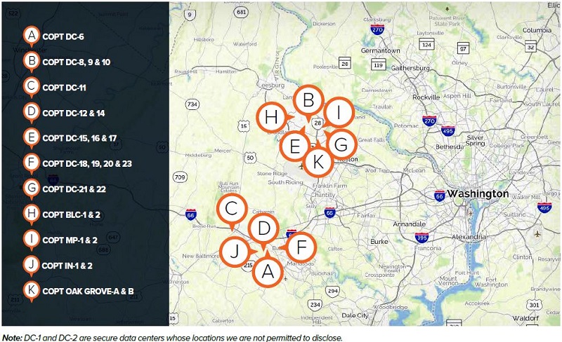 Map of COPT data centers in Northern Virginia