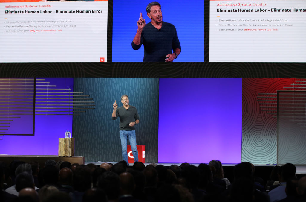 Oracle co-founder, chairman, and CTO speaking at Oracle OpenWorld 2019 in San Francisco
