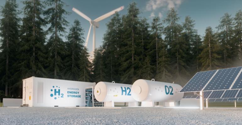 Concept of hydrogen energy storage from renewable sources - wind turbines and photovoltaics. 3d rendering