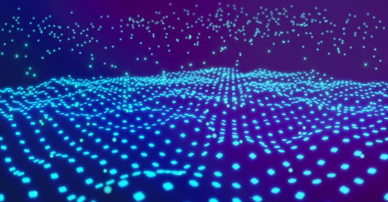 A 3D illustration of neon blue waves with dots, big data lake waves concept.