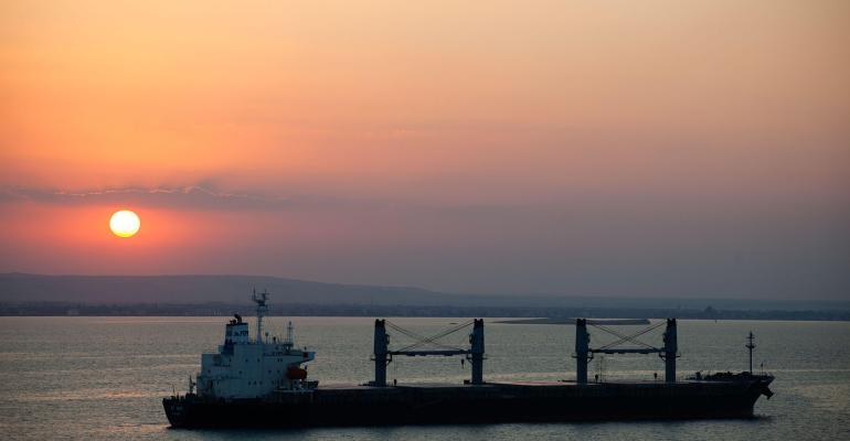 Ships in the Suez Canal at dusk