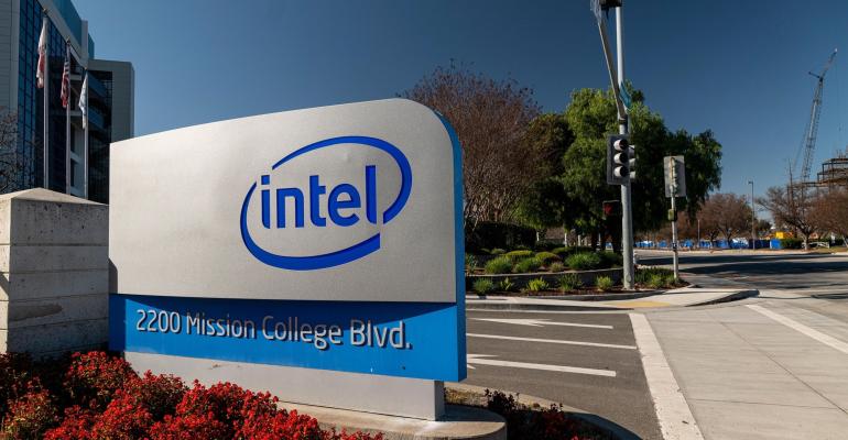 Image of intel logo outside of the firm's building