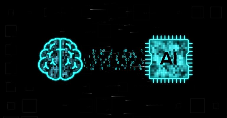 A digital human brain and an AI chip between which rays of information and binary code numbers move on a black background
