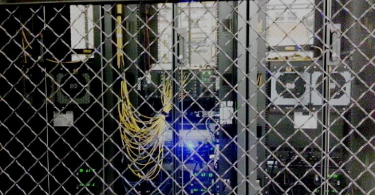 The AMS-IX Bay Area Internet exchange equipment inside a cage in one of the meet-me rooms at Digital Realty Trust's 365 Main data center in San Francisco