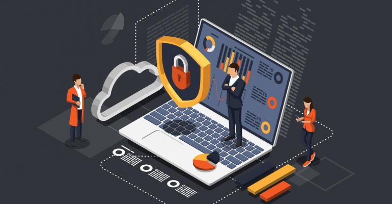 Isometric cloud security concept: people provide protection of data, cloud services