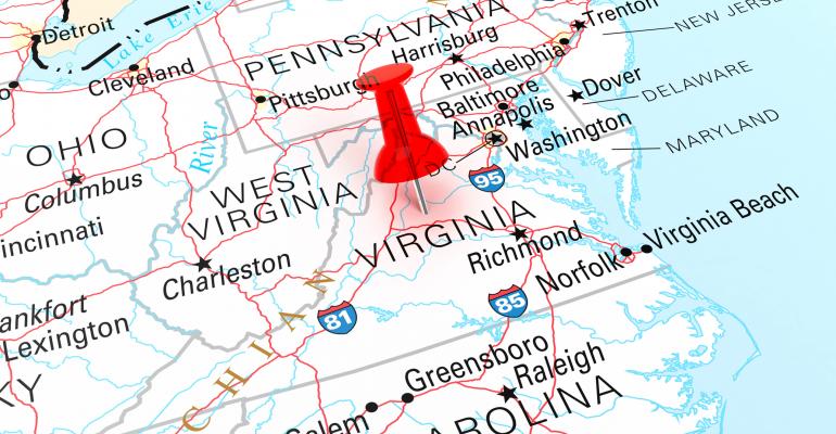 Red Thumbtack Over Virginia State on USA Map