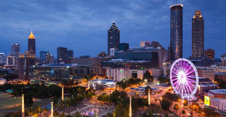 USA, Georgia, Atlanta, elevated city view with ferris wheel