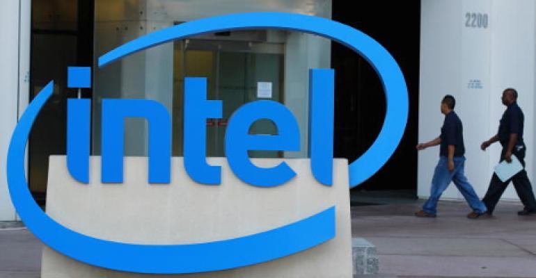 An image of the Intel logo at an office building