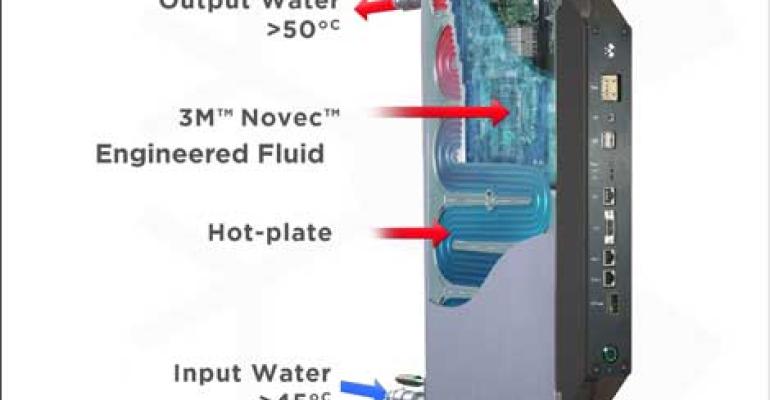 This cross-section of an Iceotope server module provides an overview of the liquid cooling system and how the water and Novec function inside the chassis.