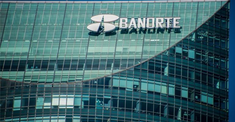A sign of Mexican bank Banorte is seen on a building in Mexico City on December 3, 2018.
