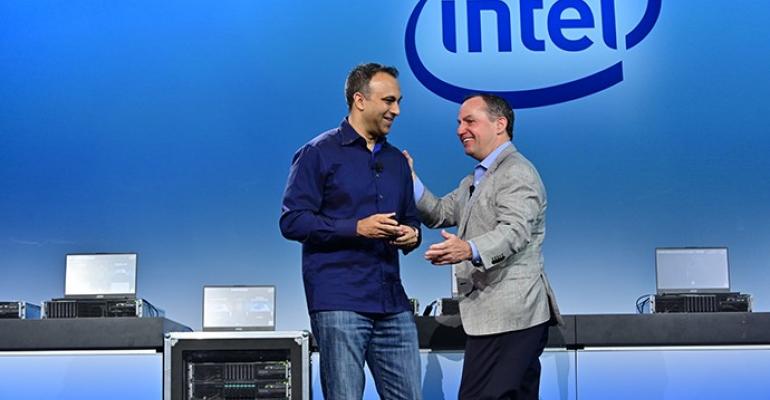 Intel CEO Bob Swan (right), and Navin Shenoy, Intel executive VP and general manager of the Data Center Group, speaking at an Intel event in San Francisco on April 2, 2019