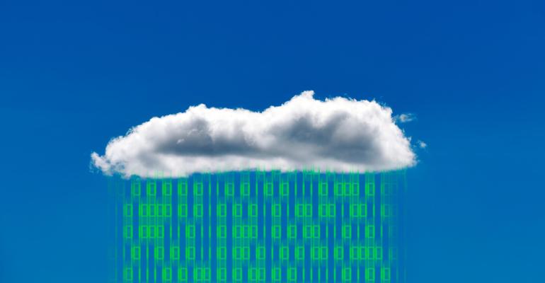 Cloud on blue background showering down green binary digits.