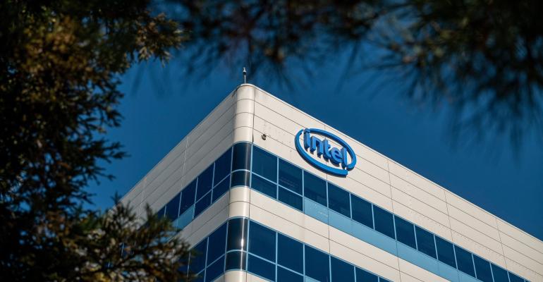 Photograph of building with the Intel logo.