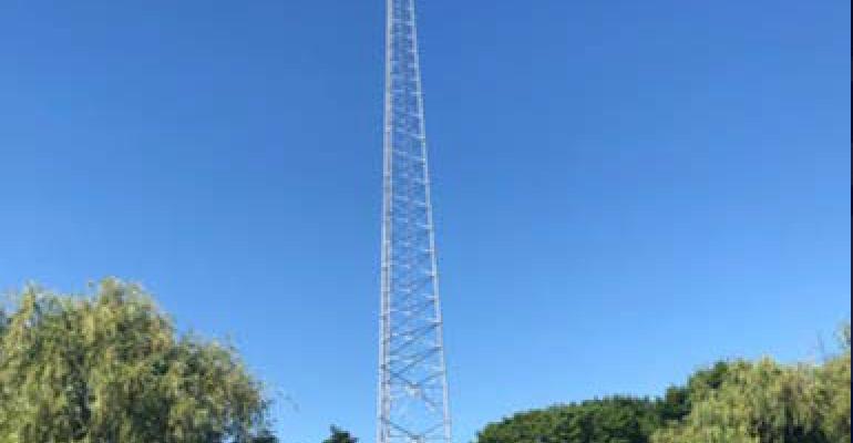 The communications tower on CyrusOne's Aurora, Illinois, data center campus, home to the computing infrastructure of CME Group.