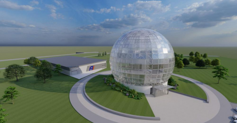 Rendering of the proposed Foxconn network operations center (glass sphere) and data center