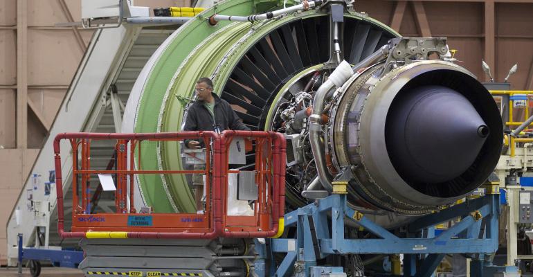 GE engine for a Boeing 777 airliner at the Boeing Factory in Everett, Washington