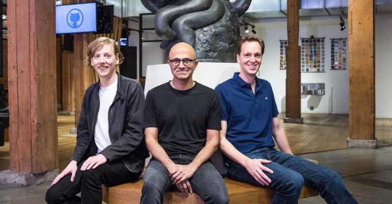 From left: Chris Wanstrath, Github CEO and co-founder; Satya Nadella, Microsoft CEO; and Nat Friedman, Microsoft corporate vice president, Developer Services