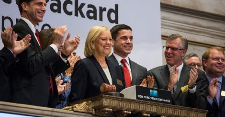 Meg Whitman CEO of Hewlett Packard Enterprise, rings the NYSE opening bell on November 2, 2015 in New York City.
