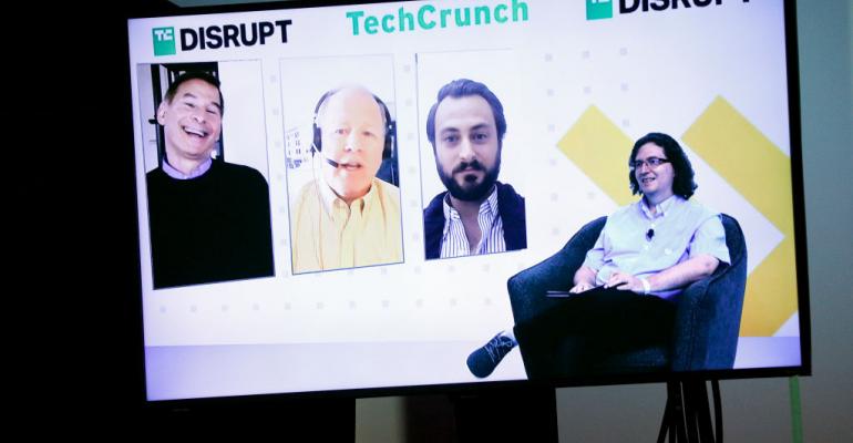 (L-R) CEO of D-Wave Alan Baratz, President and CEO of IonQ Peter Chapman, CEO and Co-founder of Quantum Machines Itamar Sivan, and News Editor at TechCrunch Frederic Lardinois are seen onscreen during TechCrunch Disrupt 2020.