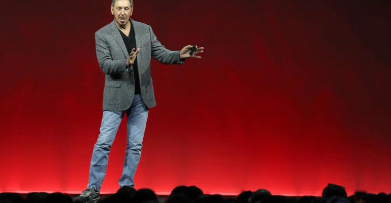 Oracle co-founder and chairman Larry Ellison delivers a keynote address at Oracle OpenWorld on October 22, 2018 in San Francisco
