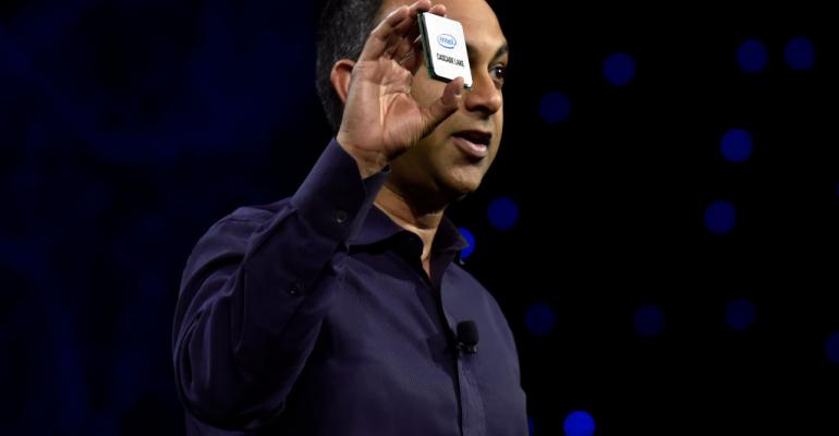 Intel Executive VP and General Manager Data Center Group Navin Shenoy displays a Cascade Lake chip during an Intel press event for CES 2019 in Las Vegas.