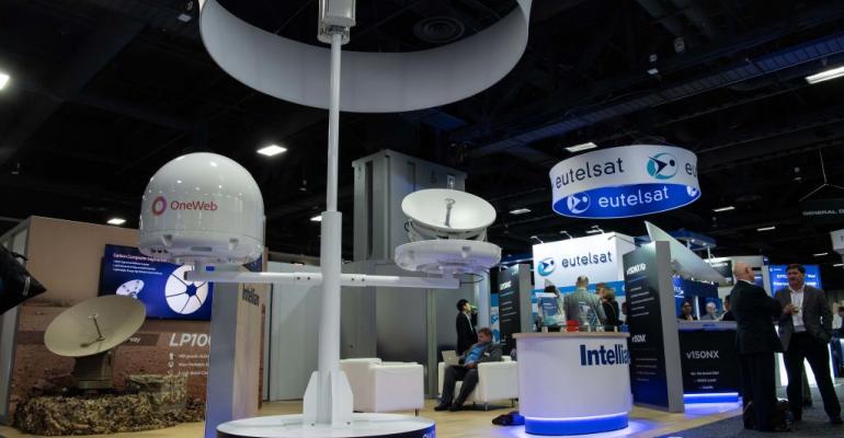 A ground antenna made by Intellian for the OneWeb space internet provider seen at Satellite2019 in Washington, DC.